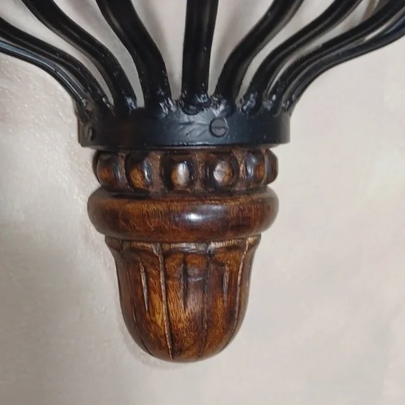 Beautiful accent shelf black worght iron basket dark wood shelf and bottom